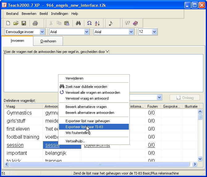 Exporteer de lijst vanuit Teach2000 naar TI-TEACH